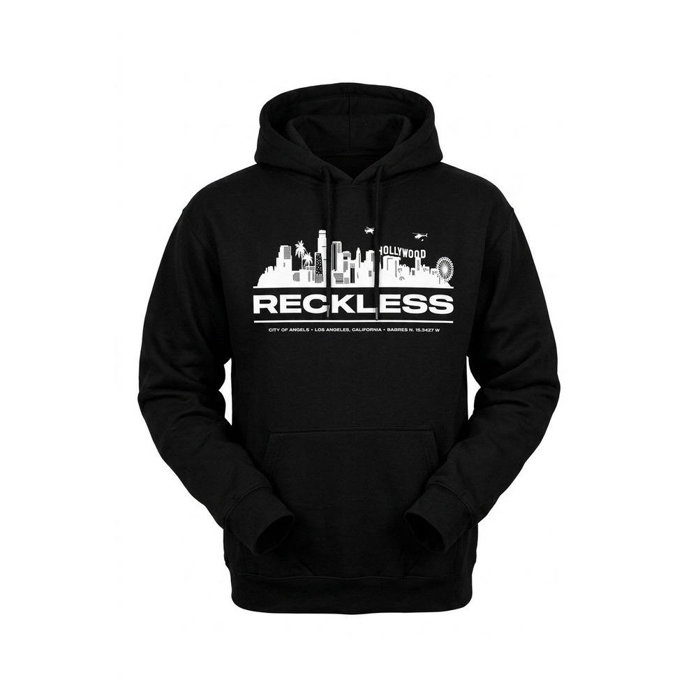 Young & Reckless Mens Black Hollywood Skyline Graphic Hoodie Medium Streetwear